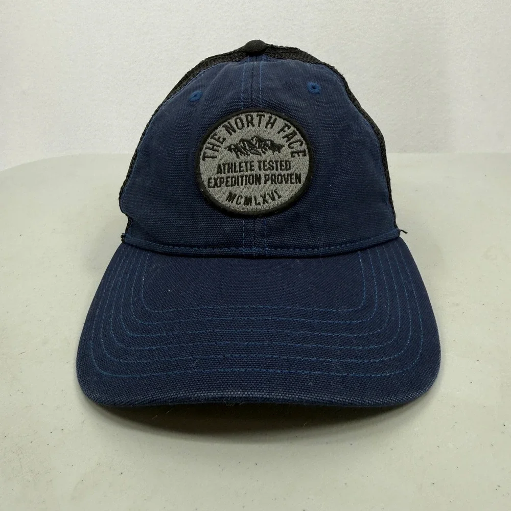 The North Face Trucker Hat Men One Size Navy Blue Mesh Snapback Expedition Patch